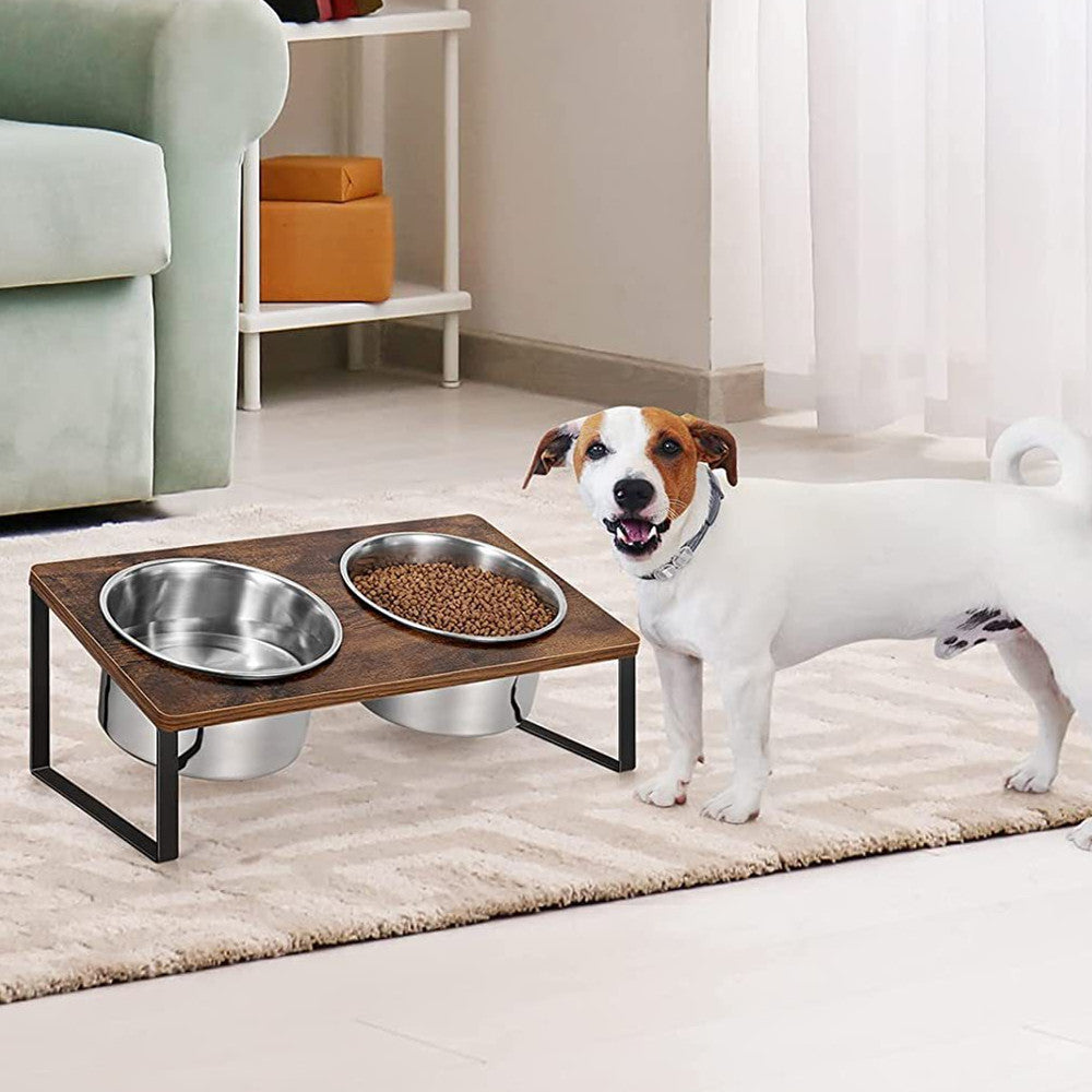 Wood And Iron Pet Feeding Rack With Bowl Holder