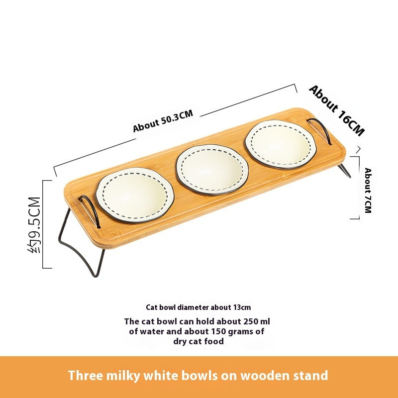 Wooden Pet Feeding Rack With Ceramic Anti-Tumble Bowls