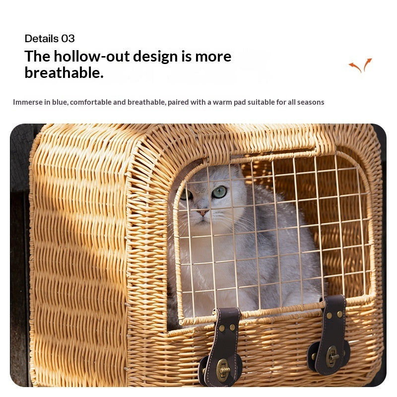 Portable Woven Rattan Pet Carrier With Ventilated Handle