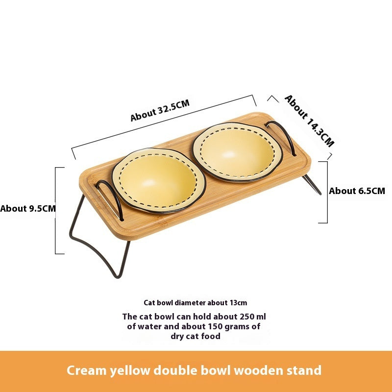 Wooden Pet Feeding Rack With Ceramic Anti-Tumble Bowls