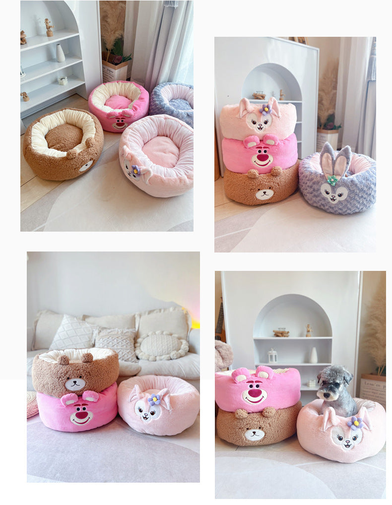 Plush Round Pet Nest Bed With Cartoon Design