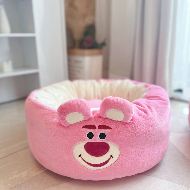 Plush Round Pet Nest Bed With Cartoon Design