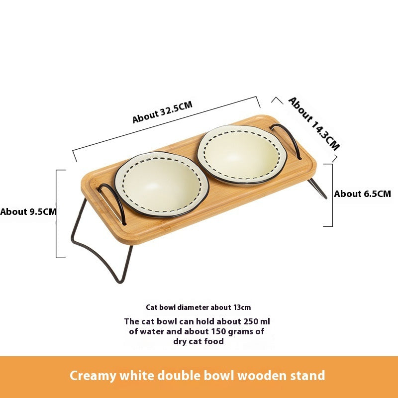 Wooden Pet Feeding Rack With Ceramic Anti-Tumble Bowls