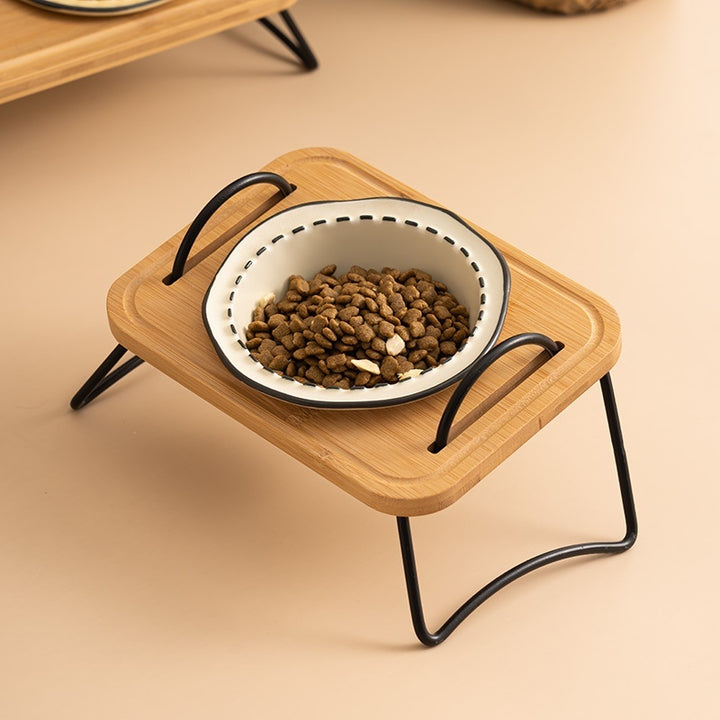 Wooden Pet Feeding Rack With Ceramic Anti-Tumble Bowls