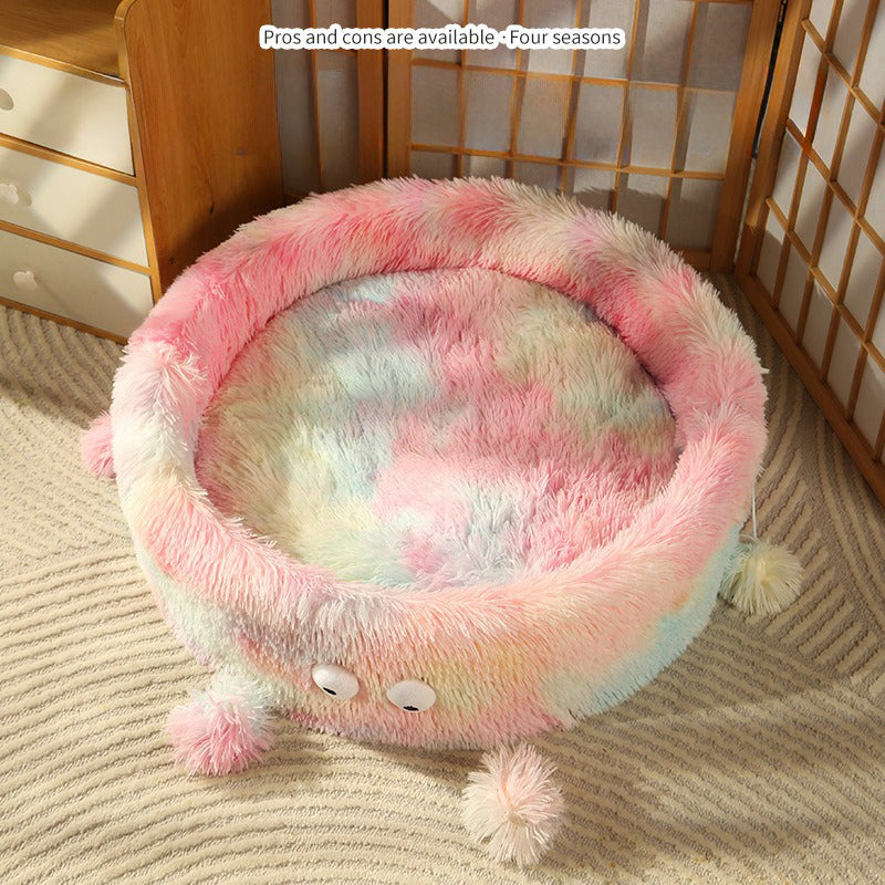 Winter Warm Round Pet Nest Bed With Play Toy Pad