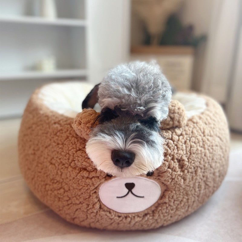 Plush Round Pet Nest Bed With Cartoon Design