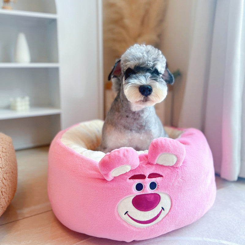 Plush Round Pet Nest Bed With Cartoon Design