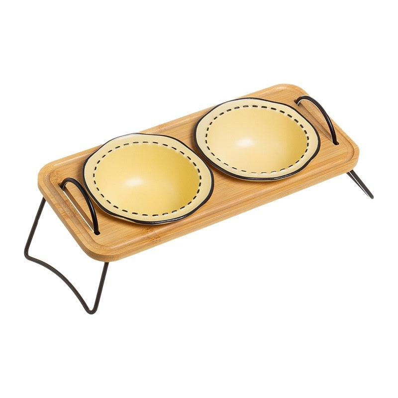 Wooden Pet Feeding Rack With Ceramic Anti-Tumble Bowls