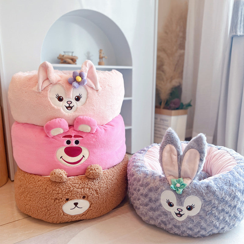Plush Round Pet Nest Bed With Cartoon Design