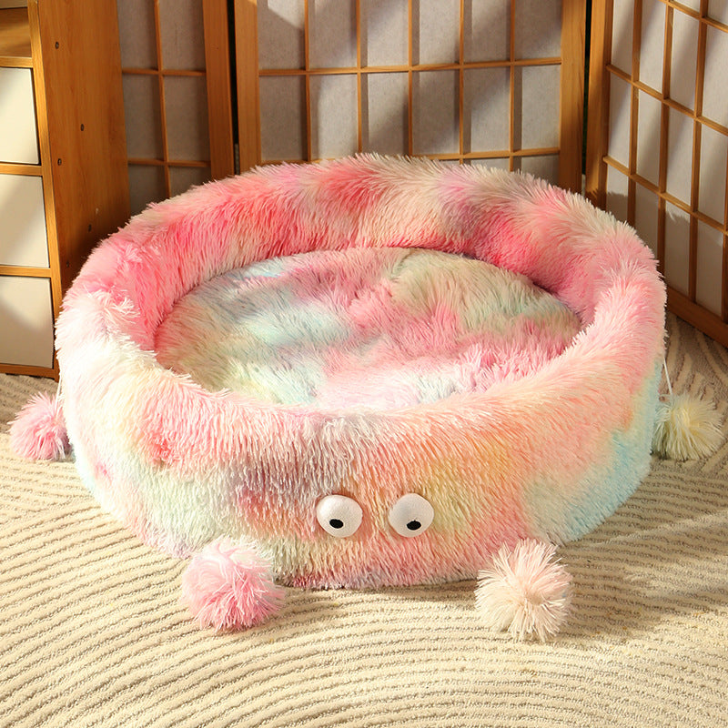 Winter Warm Round Pet Nest Bed With Play Toy Pad