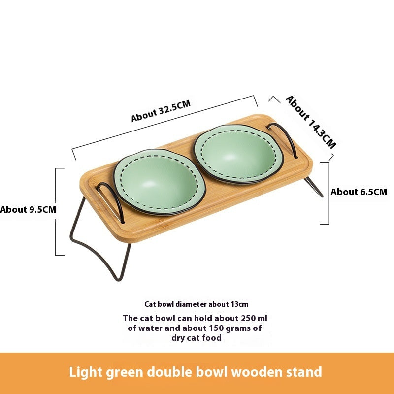 Wooden Pet Feeding Rack With Ceramic Anti-Tumble Bowls