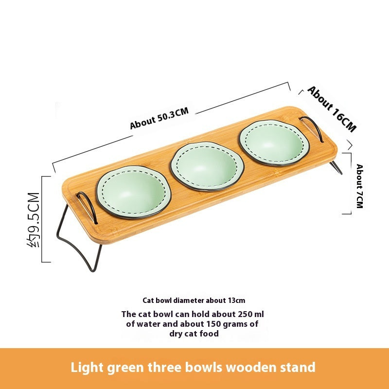 Wooden Pet Feeding Rack With Ceramic Anti-Tumble Bowls