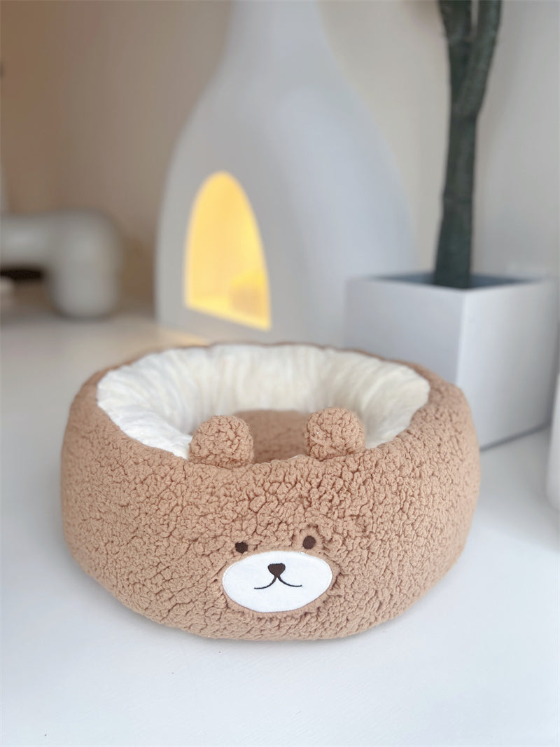 Plush Round Pet Nest Bed With Cartoon Design
